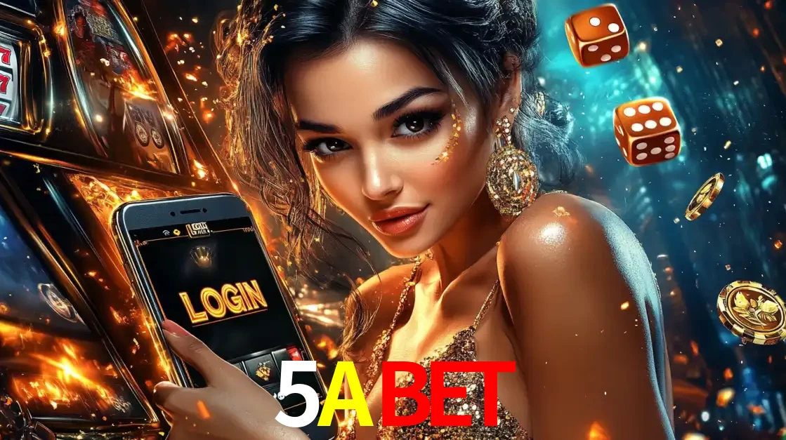 Mulher glamourosa segurando um celular com a tela de login do cassino 5ABET, rodeada por dados e moedas douradas, pronta para começar a diversão.