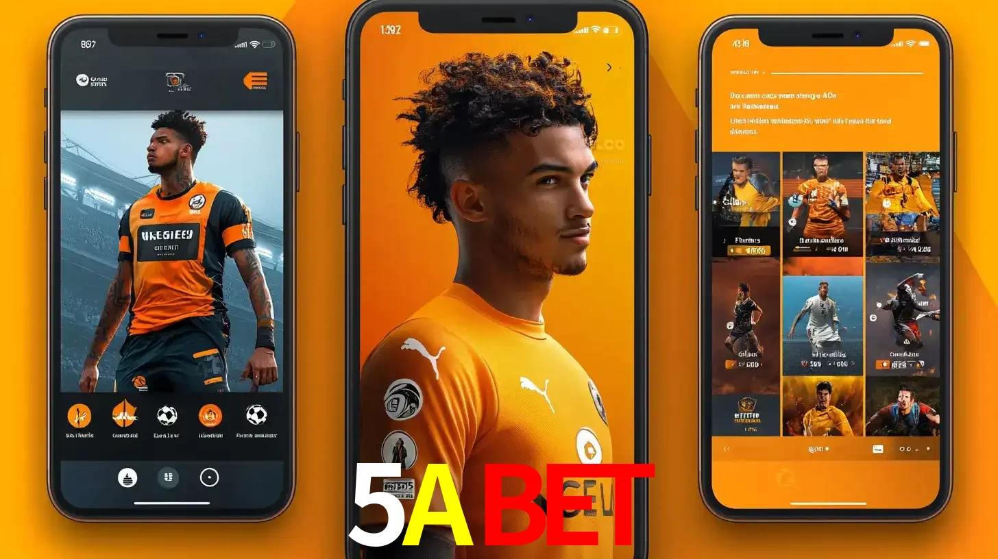 Interface do aplicativo de apostas esportivas 5ABET em três telas de celular, mostrando o perfil de um jogador de futebol e a lista de jogos disponíveis para apostar.