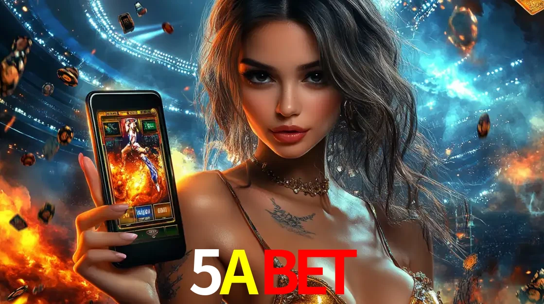 Mulher segurando um celular com um jogo de slot em destaque, tendo como fundo um estádio vibrante, simbolizando a emoção de jogar no cassino móvel 5ABET.