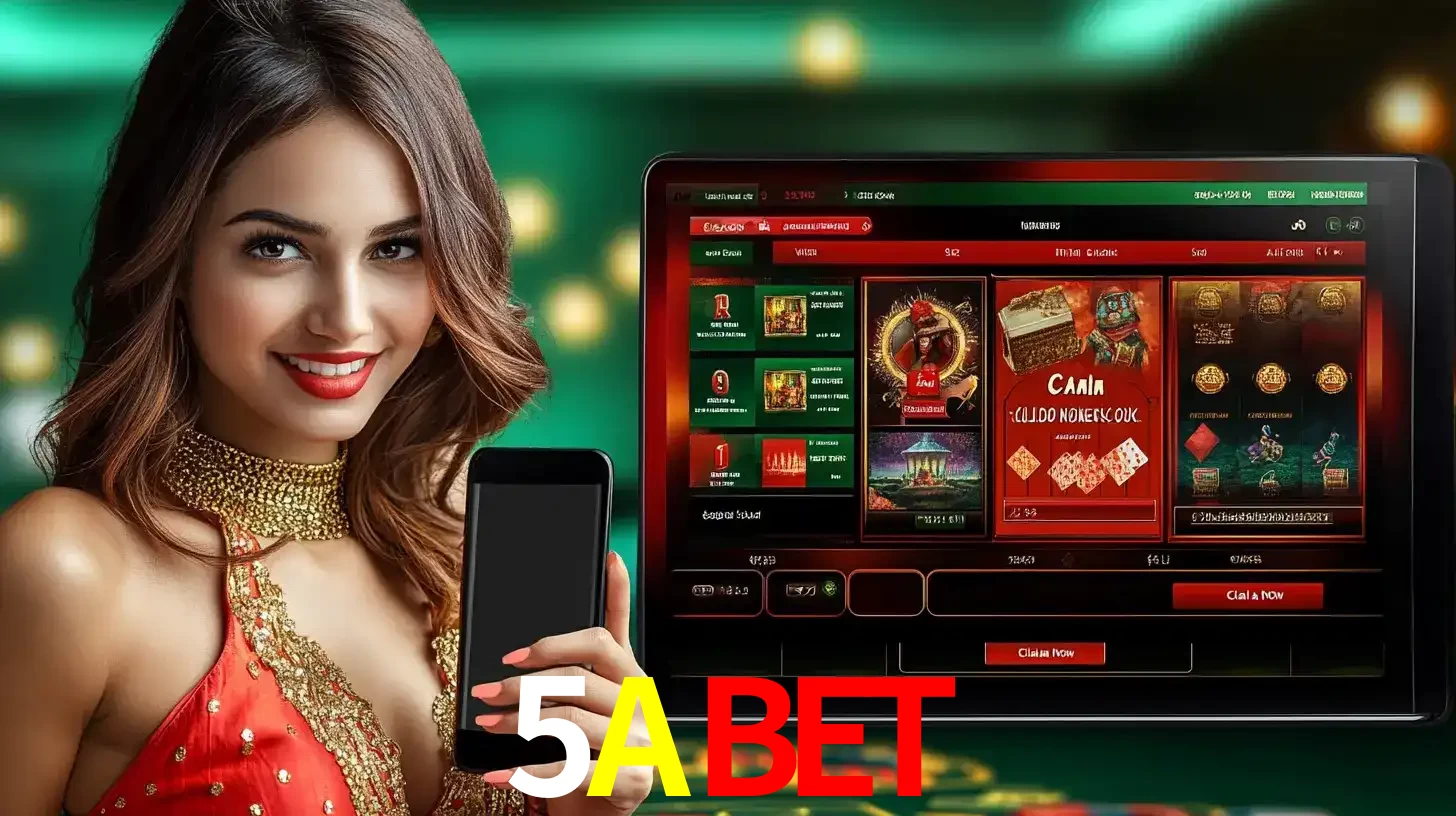 Mulher sorridente segurando um smartphone, ao lado de uma tela exibindo o lobby de jogos do cassino online 5ABET, com várias opções de jogos de cartas e slots.